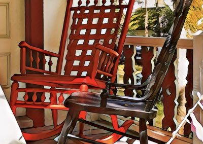 2023-11-20 Porch Rockers, photographed last summer in Bayside, ME by Cookie Santerre at Shady Grove, the cottage museum maintained by the Bayside Historical Preservation Society (https://www.baysidehps.org/). #rocker #rockingchair #porchlife #cottagelife @baysidehps #bhps #baysidemaine