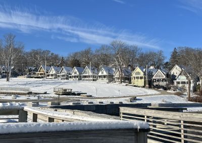 2023-12-09 First Snow, photographed this week by Jutta von Dirke from the Bayside, ME wharf facing Park Row. “Magic dwells in each beginning.” #firstsnow #sledtracks #parkrow #rugglespark #thewharf #baysidemaine