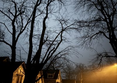 2023-12-27 Still Night, photographed on Bay Street in Bayside, ME by Bryan Blaisdell. “A foggy and eerily still night last night. Silent, heavy air, and totally unmoving water.” #fog #foggynight #stillnight #eerienight #quietvillage #offseason #baysidemaine