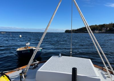 2023-12-31 Goodbye for the Season, photographed in early October by Paul Hamlin as he left the Bayside, ME anchorage to take Indigo up to Belfast to hand her over to Belmont Boatworks for the winter season. “It was a great summer, so no regrets this year leaving Bayside behind.” #goodbyefortheseason #seasonsend #timetotaketheboatout #belfastboatworks #thewharf #penobscotbay #baysidemaine